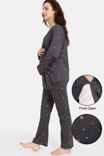 Buy Zivame Maternity Knit Cotton Pyjama Set - Anthra Melange